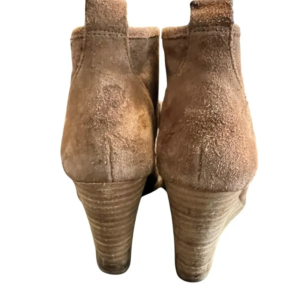 Lucky Brand Booties  LP Yaney Leather Suede Ankle Wedge Size 7.5M Camel Retro